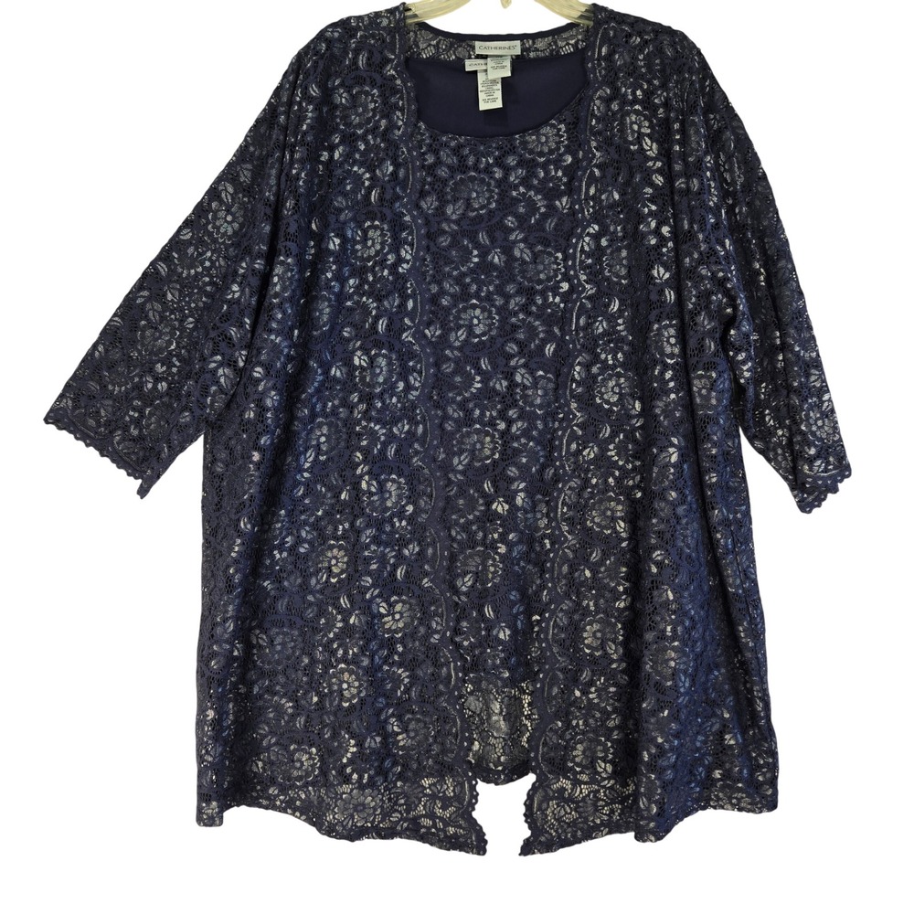 Catherines Navy Blue Lace Tank Top and Cardigan Set 22W Plus Sz Metallic Floral